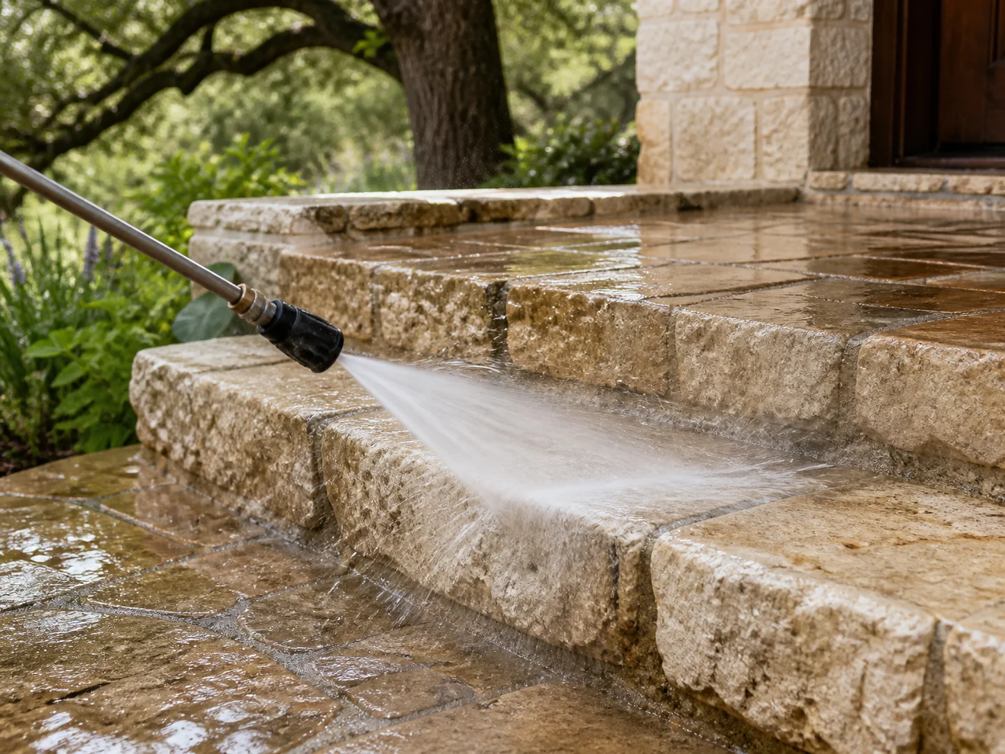 Pressure-washing spray cleaning stone steps at a Salado-area home